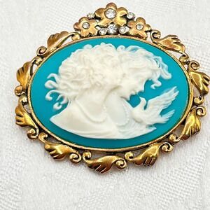 Vintage AAI Blue Cameo w/ Ladies Twin Sisters and Dove Victorian Revival Brooch